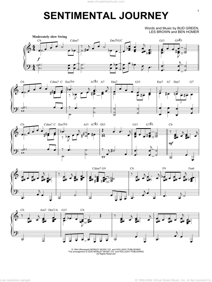 Sentimental Journey [Jazz version] (arr. Brent Edstrom) sheet music for piano solo by Bud Green, Brent Edstrom, Ben Homer and Les Brown, intermediate skill level