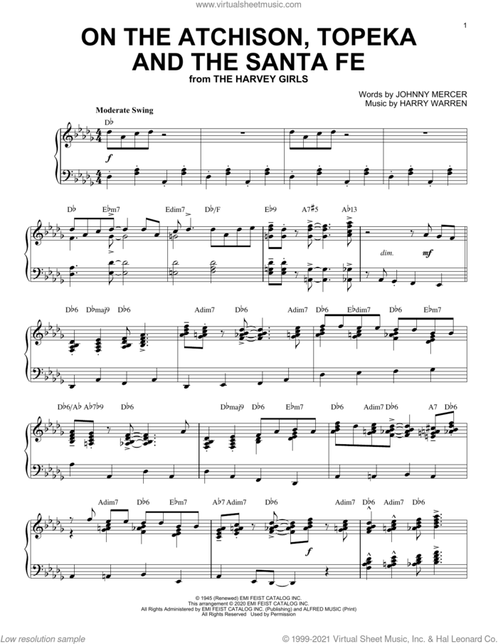 On The Atchison, Topeka And The Santa Fe [Jazz version] (arr. Brent Edstrom) sheet music for piano solo by Johnny Mercer, Brent Edstrom and Harry Warren, intermediate skill level