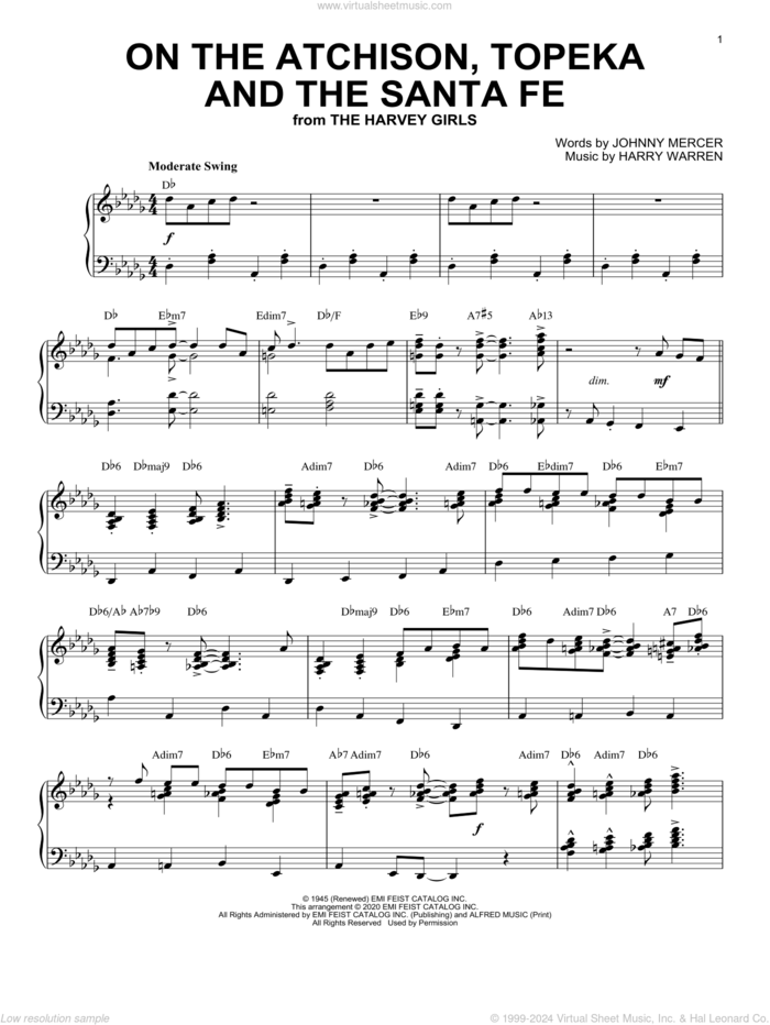 On The Atchison, Topeka And The Santa Fe [Jazz version] (arr. Brent Edstrom) sheet music for piano solo by Johnny Mercer, Brent Edstrom and Harry Warren, intermediate skill level