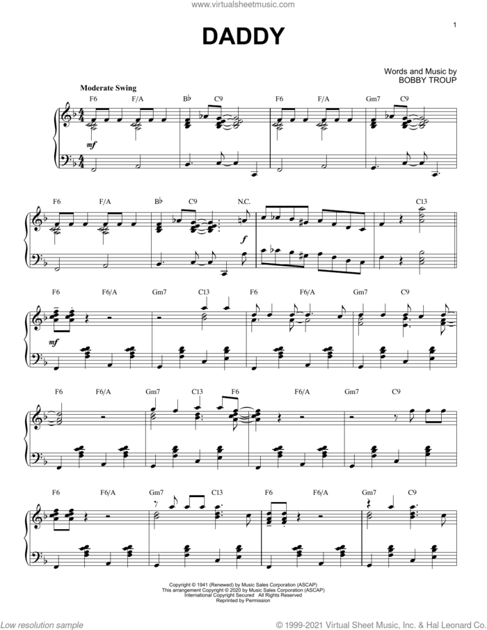 Daddy [Jazz version] (arr. Brent Edstrom) sheet music for piano solo by Sammy Kaye, Brent Edstrom, Joan Davis & Jinx Falkenburg and Bobby Troup, intermediate skill level