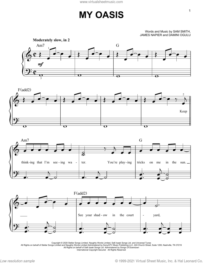 My Oasis (feat. Burna Boy) sheet music for piano solo by Sam Smith, Damini Ogulu and James Napier, easy skill level