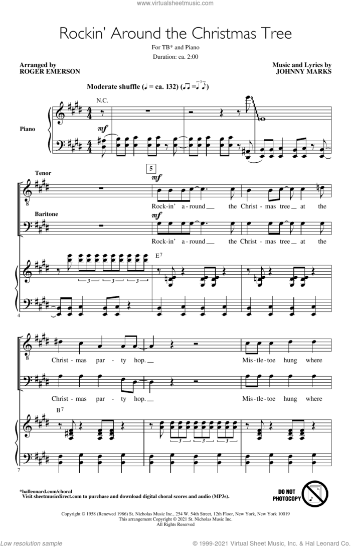 Rockin' Around The Christmas Tree (arr. Roger Emerson) sheet music for choir (TB: tenor, bass) by Johnny Marks and Roger Emerson, intermediate skill level