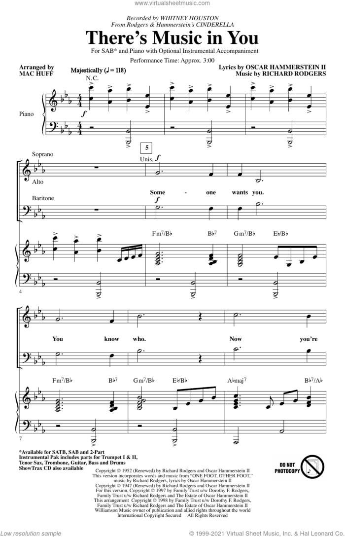There's Music In You (from Cinderella) (arr. Mac Huff) sheet music for choir (SAB: soprano, alto, bass) by Whitney Houston, Mac Huff, Oscar II Hammerstein and Richard Rodgers, intermediate skill level