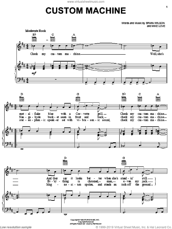 Custom Machine sheet music for voice, piano or guitar by The Beach Boys, Brian Wilson and Mike Love, intermediate skill level