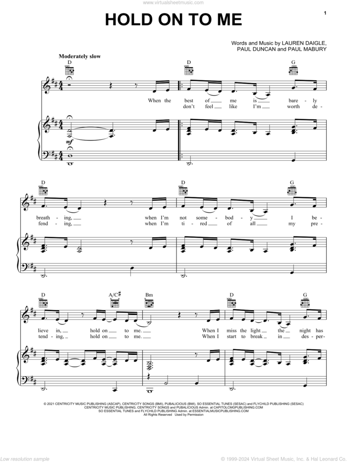 Hold On To Me sheet music for voice, piano or guitar by Lauren Daigle, Paul Duncan and Paul Mabury, intermediate skill level