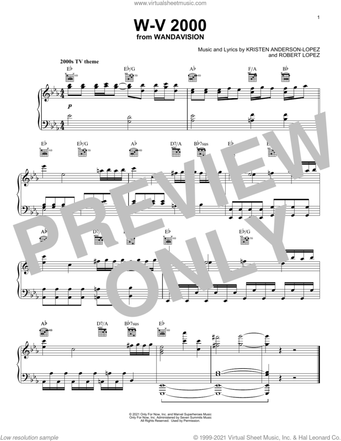 W-V 2000 (from WandaVision) sheet music for piano solo by Robert Lopez, Kristen Anderson-Lopez and Kristen Anderson-Lopez & Robert Lopez, intermediate skill level