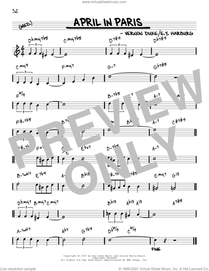 April In Paris [Reharmonized version] (arr. Jack Grassel) sheet music for voice and other instruments (real book) by E.Y. Harburg, Jack Grassel, Coleman Hawkins, Count Basie, Modernaires and Vernon Duke, intermediate skill level
