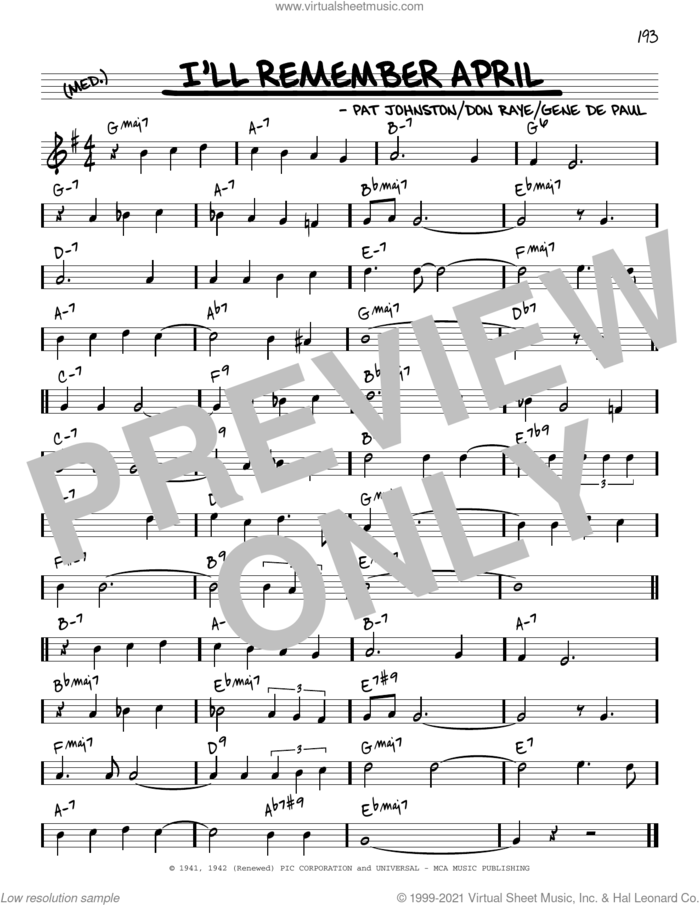 I'll Remember April [Reharmonized version] (arr. Jack Grassel) sheet music for voice and other instruments (real book) by Woody Herman & His Orchestra, Jack Grassel, Don Raye, Gene DePaul and Pat Johnston, intermediate skill level
