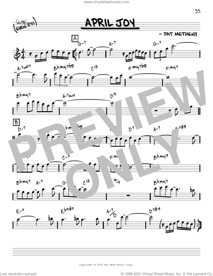 April Joy [Reharmonized version] (arr. Jack Grassel) sheet music for voice and other instruments (real book) by Pat Metheny and Jack Grassel, intermediate skill level