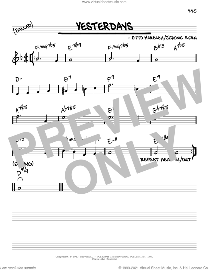 Yesterdays [Reharmonized version] (arr. Jack Grassel) sheet music for voice and other instruments (real book) by Otto Harbach, Jack Grassel and Jerome Kern, intermediate skill level