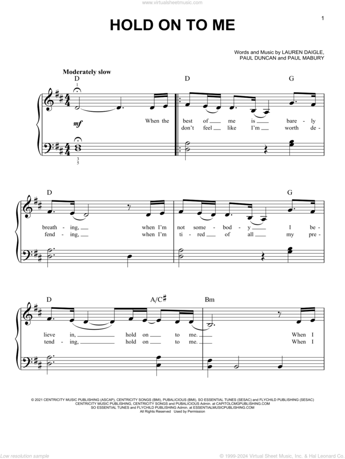 Hold On To Me sheet music for piano solo by Lauren Daigle, Paul Duncan and Paul Mabury, easy skill level