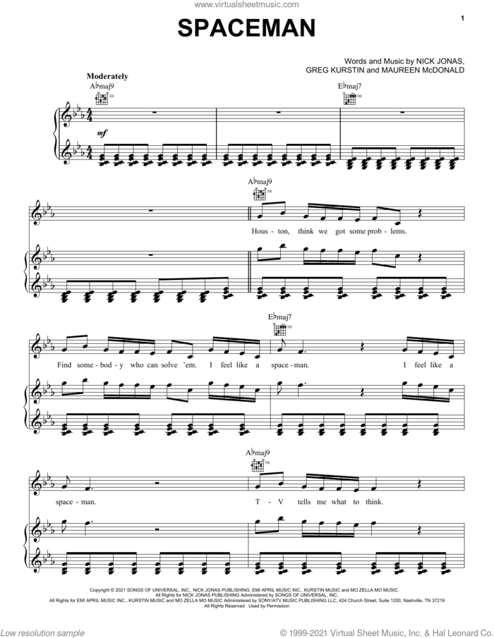 Spaceman sheet music for voice, piano or guitar by Nick Jonas, Greg Kurstin and Maureen McDonald, intermediate skill level