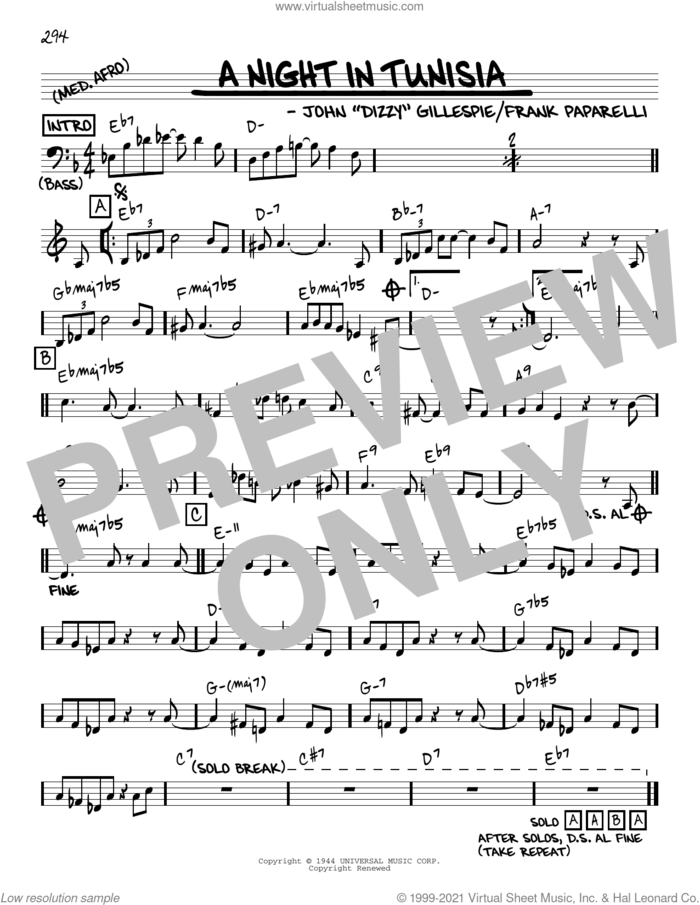 A Night In Tunisia [Reharmonized version] (arr. Jack Grassel) sheet music for voice and other instruments (real book) by Dizzy Gillespie, Jack Grassel and Frank Paparelli, intermediate skill level