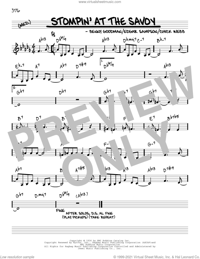 Stompin' At The Savoy [Reharmonized version] (arr. Jack Grassel) sheet music for voice and other instruments (real book) by Benny Goodman, Jack Grassel, Andy Razaf, Chick Webb and Edgar Sampson, intermediate skill level