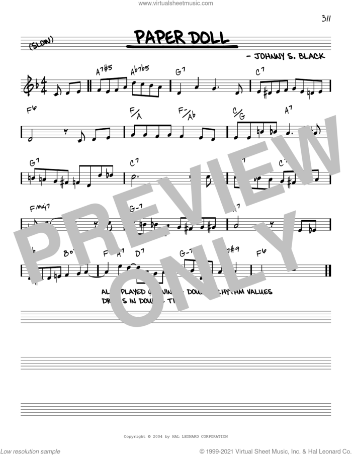 Paper Doll [Reharmonized version] (arr. Jack Grassel) sheet music for voice and other instruments (real book) by Johnny S. Black and Jack Grassel, intermediate skill level