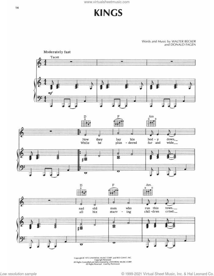 Kings sheet music for voice, piano or guitar by Steely Dan, Donald Fagen and Walter Becker, intermediate skill level