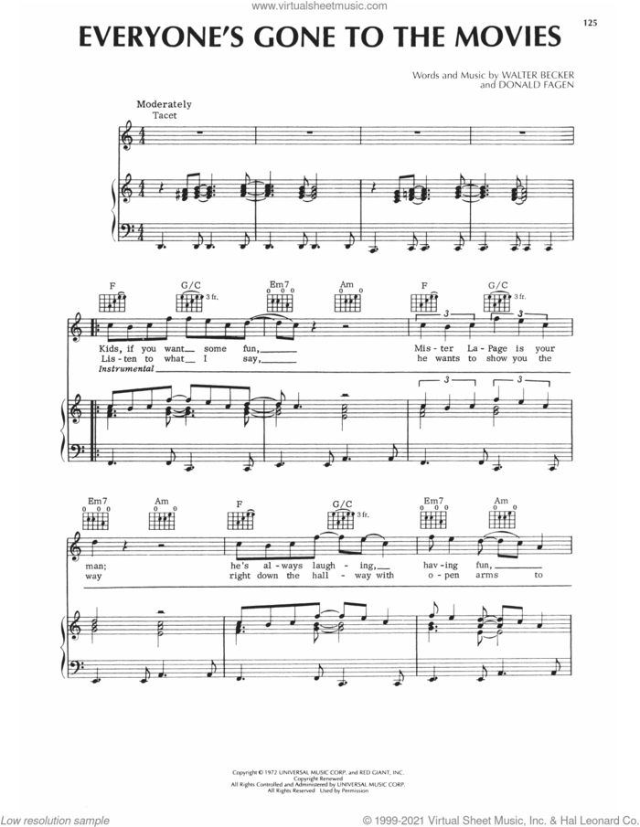 Everyone's Gone To The Movies sheet music for voice, piano or guitar by Steely Dan, Donald Fagen and Walter Becker, intermediate skill level