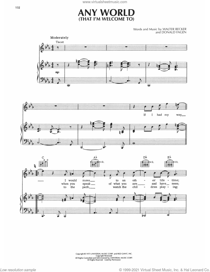Any World (That I'm Welcome To) sheet music for voice, piano or guitar by Steely Dan, Donald Fagen and Walter Becker, intermediate skill level