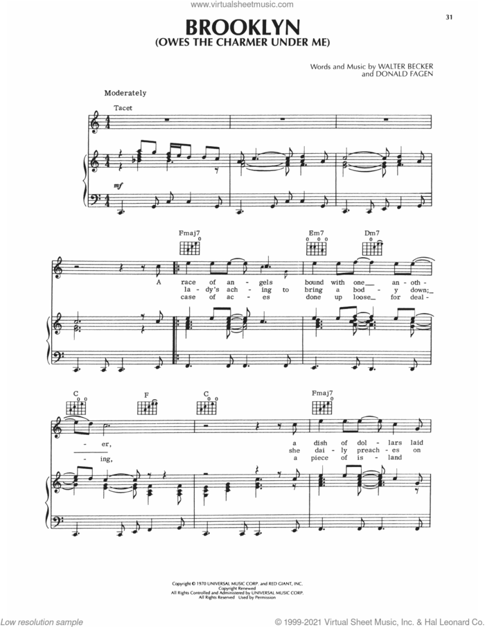 Brooklyn (Owes The Charmer Under Me) sheet music for voice, piano or guitar by Steely Dan, Donald Fagen and Walter Becker, intermediate skill level