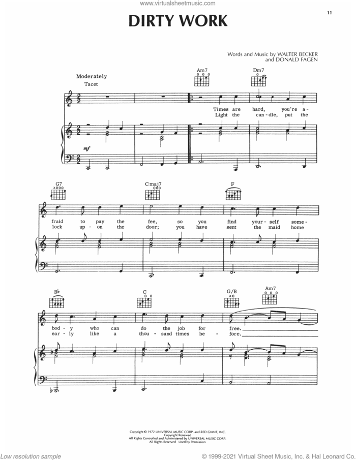 Dirty Work sheet music for voice, piano or guitar by Steely Dan, Donald Fagen and Walter Becker, intermediate skill level