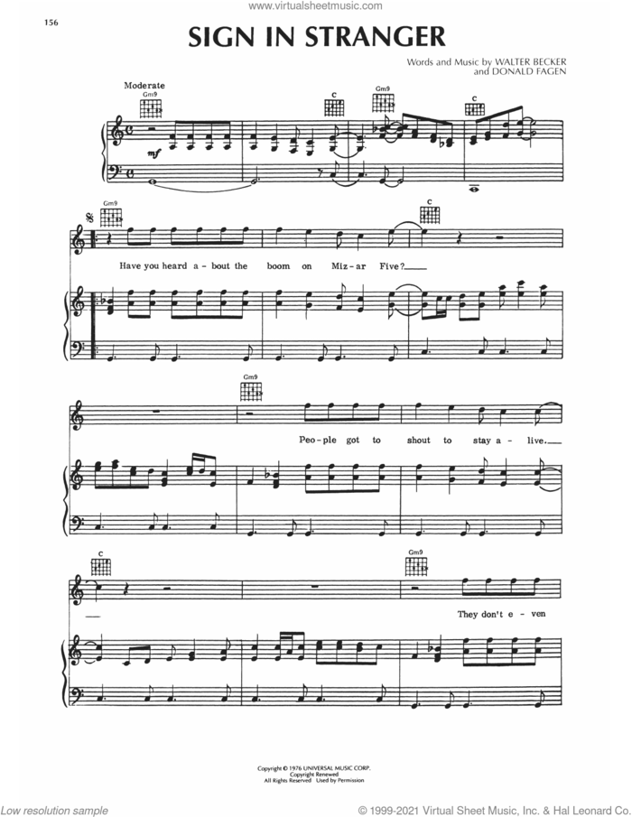 Sign In Stranger sheet music for voice, piano or guitar by Steely Dan, Donald Fagen and Walter Becker, intermediate skill level