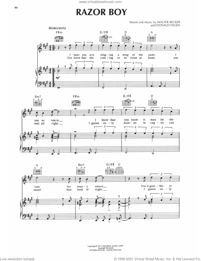 Razor Boy sheet music for voice, piano or guitar by Steely Dan, Donald Fagen and Walter Becker, intermediate skill level