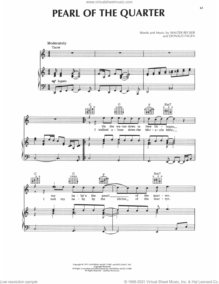 Pearl Of The Quarter sheet music for voice, piano or guitar by Steely Dan, Donald Fagen and Walter Becker, intermediate skill level