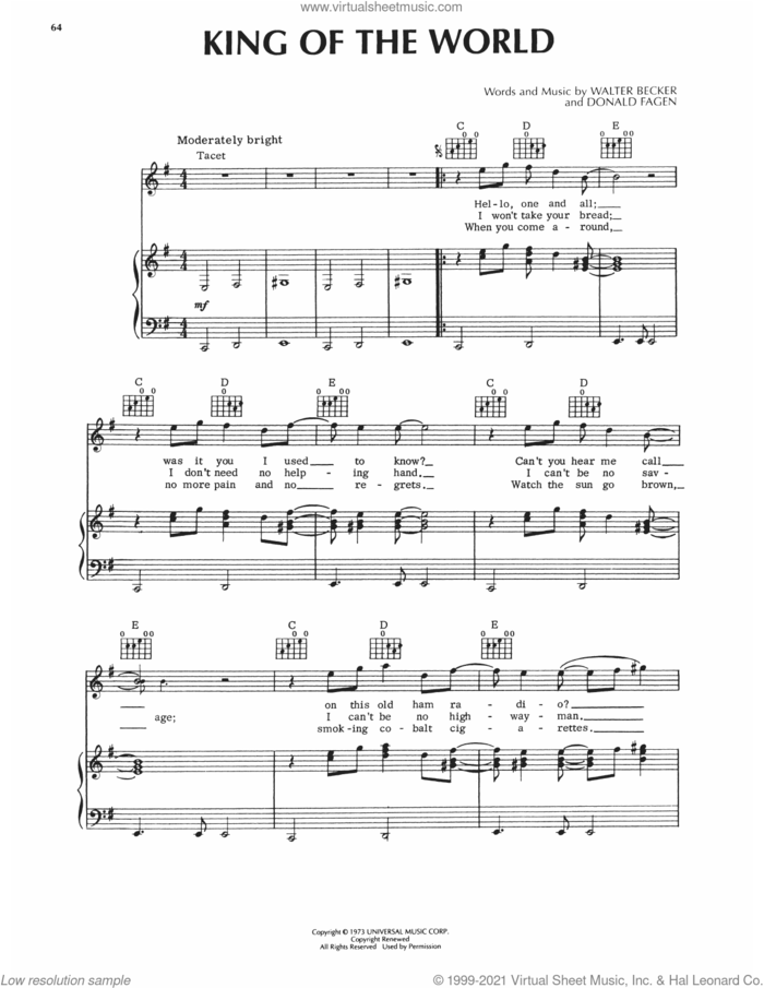 King Of The World sheet music for voice, piano or guitar by Steely Dan, Donald Fagen and Walter Becker, intermediate skill level