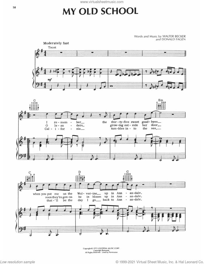 My Old School sheet music for voice, piano or guitar by Steely Dan, Donald Fagen and Walter Becker, intermediate skill level