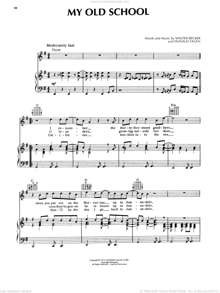 My Old School sheet music for voice, piano or guitar by Steely Dan, Donald Fagen and Walter Becker, intermediate skill level