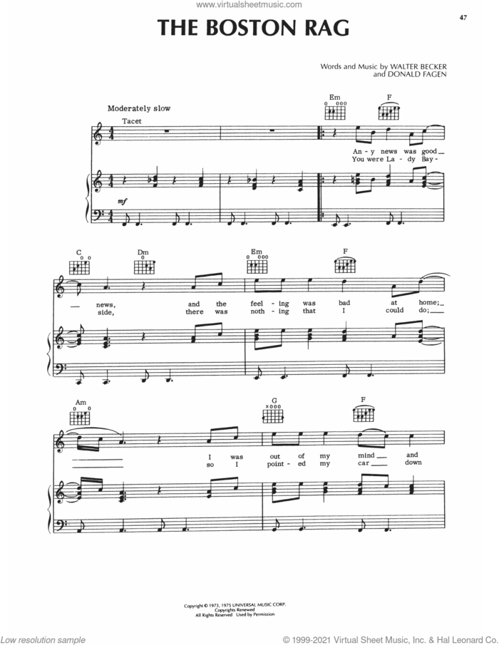The Boston Rag sheet music for voice, piano or guitar by Steely Dan, Donald Fagen and Walter Becker, intermediate skill level