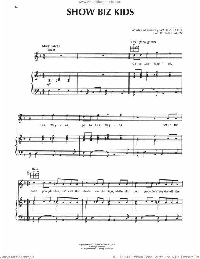 Show Biz Kids sheet music for voice, piano or guitar by Steely Dan, Donald Fagen and Walter Becker, intermediate skill level