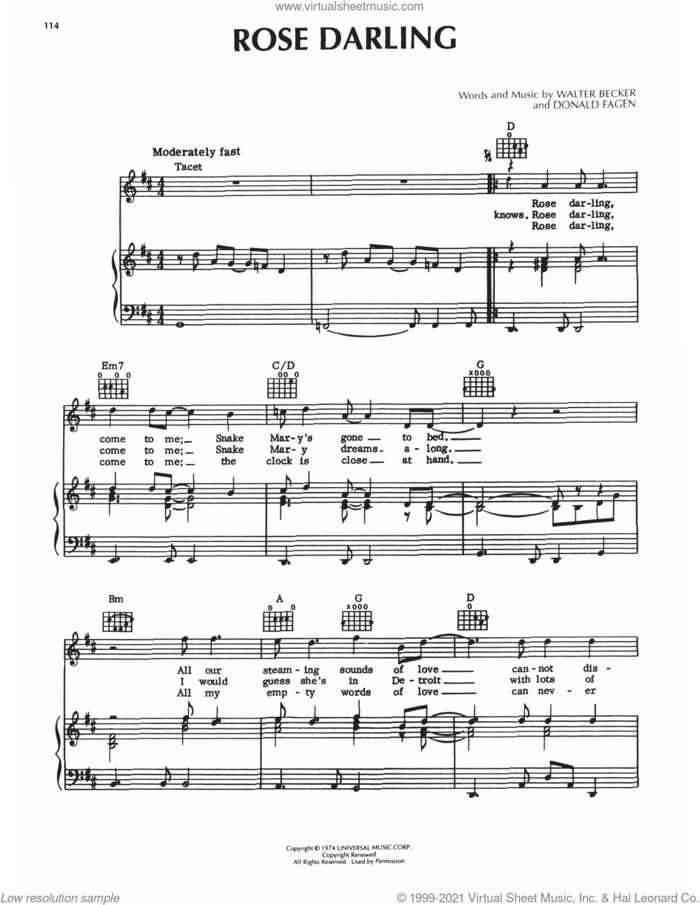 Rose Darling sheet music for voice, piano or guitar by Steely Dan, Donald Fagen and Walter Becker, intermediate skill level