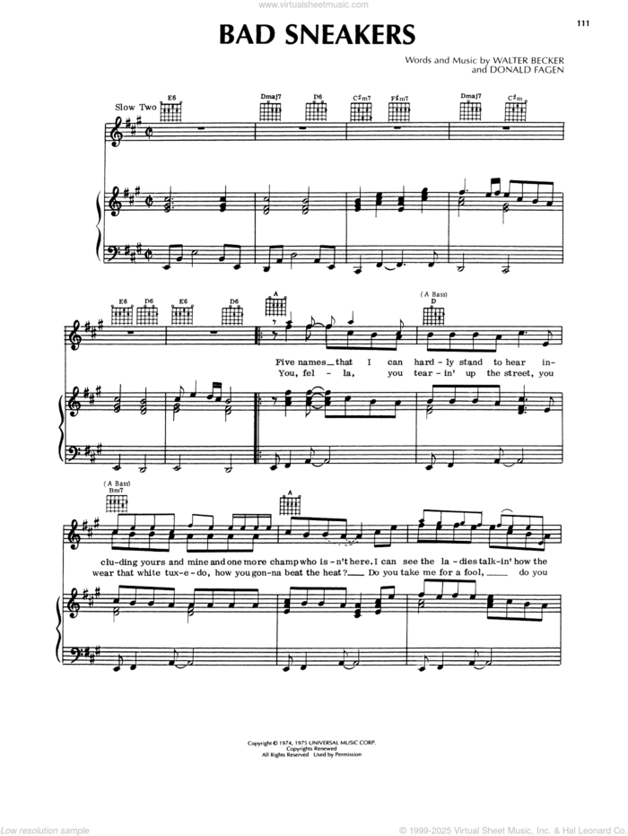 Bad Sneakers sheet music for voice, piano or guitar by Steely Dan, Donald Fagen and Walter Becker, intermediate skill level