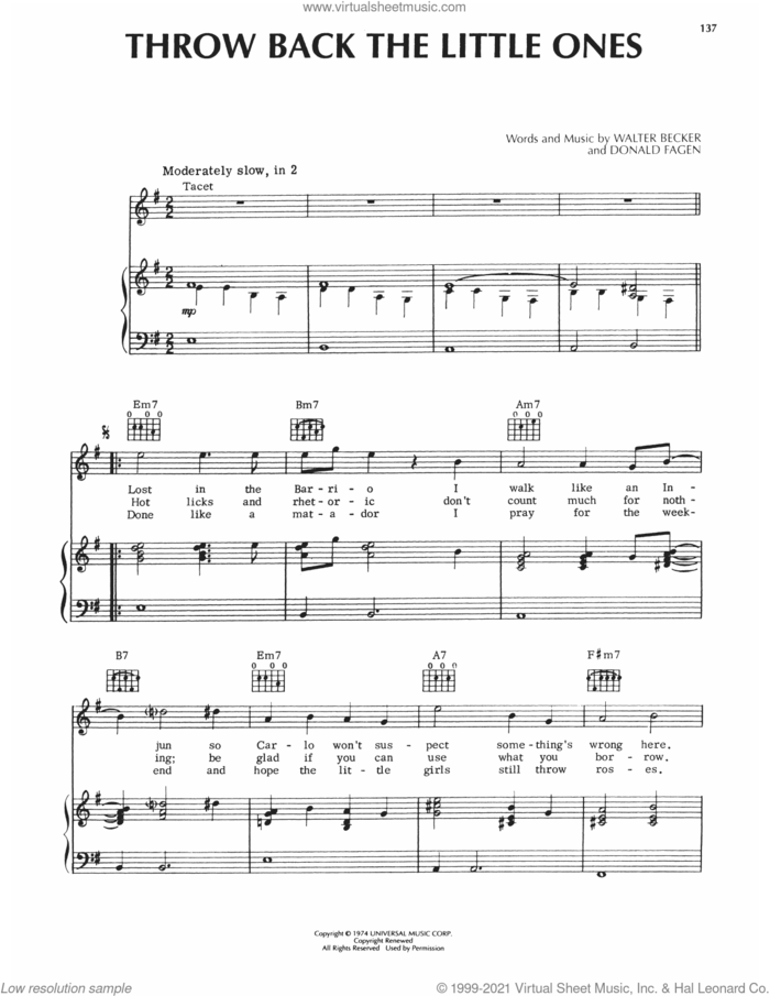 Throw Back The Little Ones sheet music for voice, piano or guitar by Steely Dan, Donald Fagen and Walter Becker, intermediate skill level