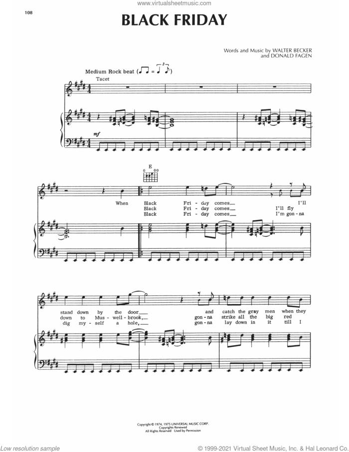 Black Friday sheet music for voice, piano or guitar by Steely Dan, Donald Fagen and Walter Becker, intermediate skill level