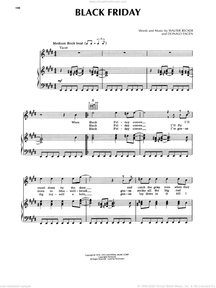 Black Friday sheet music for voice, piano or guitar by Steely Dan, Donald Fagen and Walter Becker, intermediate skill level