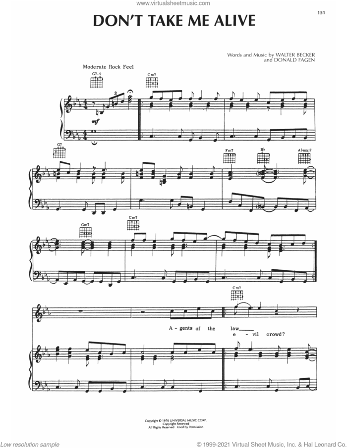 Don't Take Me Alive sheet music for voice, piano or guitar by Steely Dan, Donald Fagen and Walter Becker, intermediate skill level