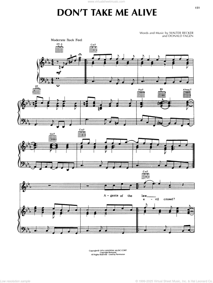 Don't Take Me Alive sheet music for voice, piano or guitar by Steely Dan, Donald Fagen and Walter Becker, intermediate skill level