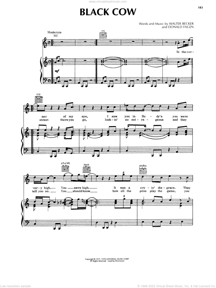 Black Cow sheet music for voice, piano or guitar by Steely Dan, Donald Fagen and Walter Becker, intermediate skill level