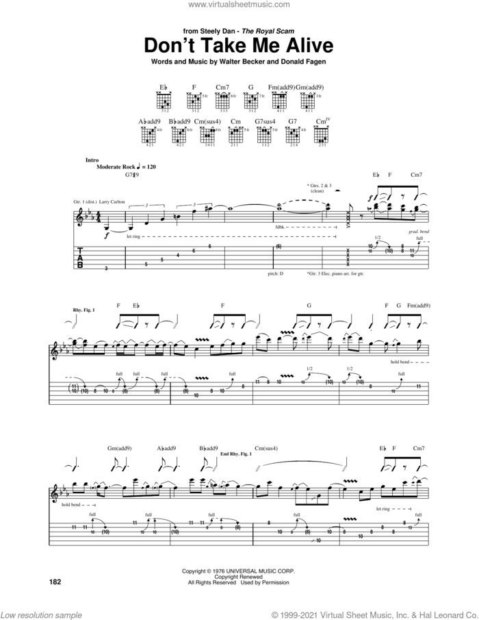Don't Take Me Alive sheet music for guitar (tablature) by Steely Dan, Donald Fagen and Walter Becker, intermediate skill level