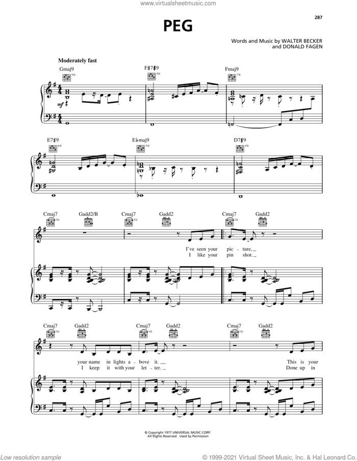Peg sheet music for voice, piano or guitar by Steely Dan, Donald Fagen and Walter Becker, intermediate skill level