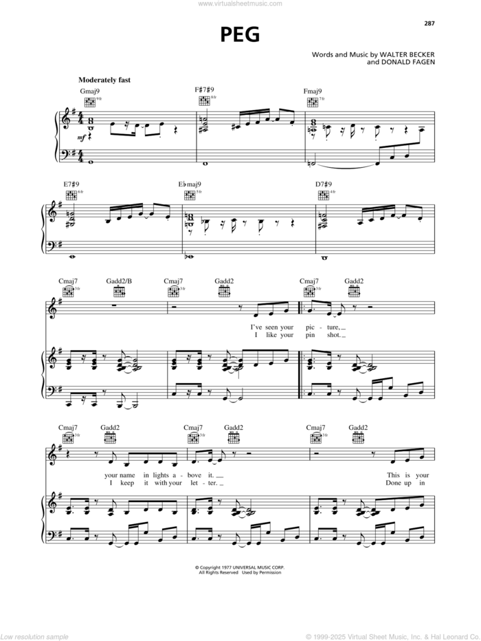 Peg sheet music for voice, piano or guitar by Steely Dan, Donald Fagen and Walter Becker, intermediate skill level