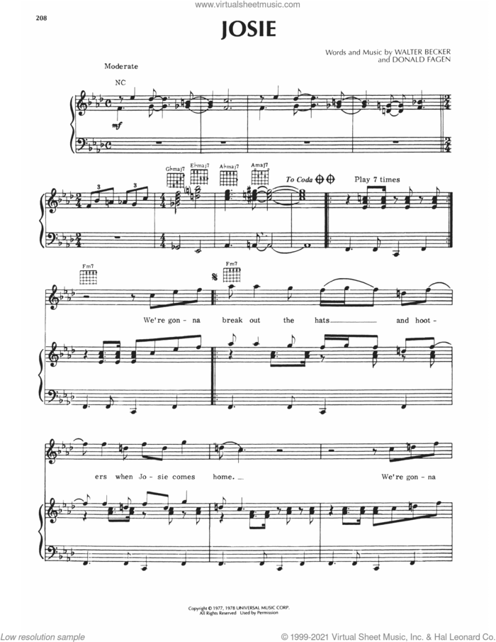 Josie sheet music for voice, piano or guitar by Steely Dan, Donald Fagen and Walter Becker, intermediate skill level