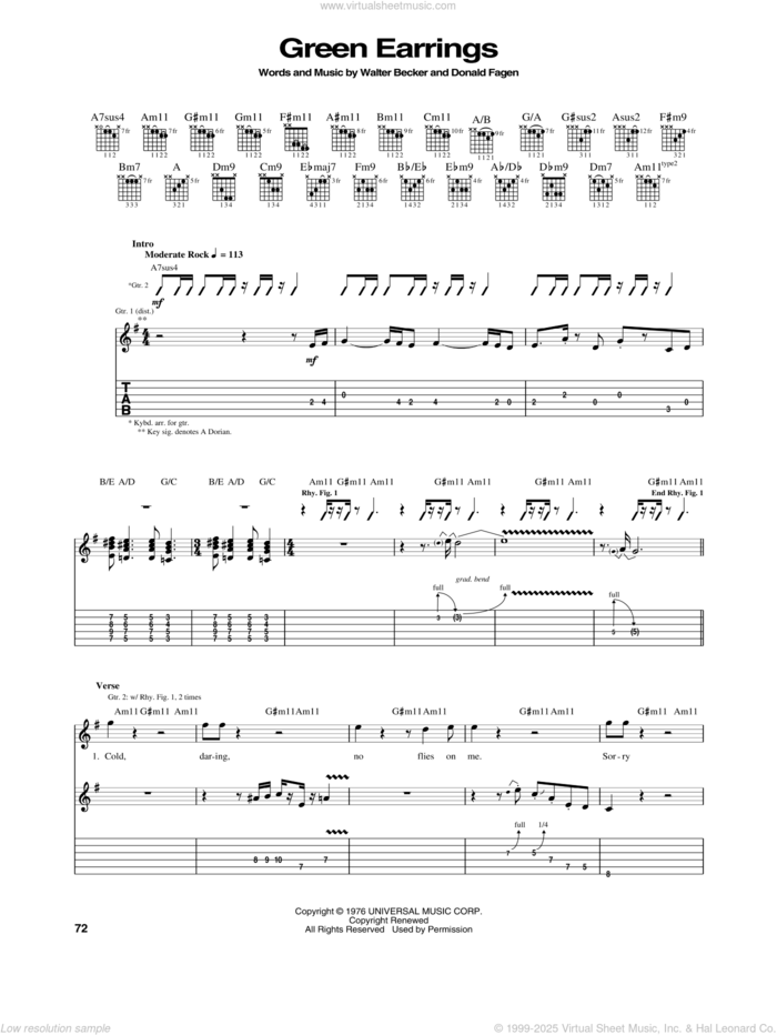 Green Earrings sheet music for guitar (tablature) by Steely Dan, Donald Fagen and Walter Becker, intermediate skill level