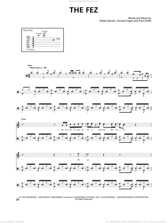 The Fez sheet music for drums by Steely Dan, Donald Fagen, Paul Griffin and Walter Becker, intermediate skill level