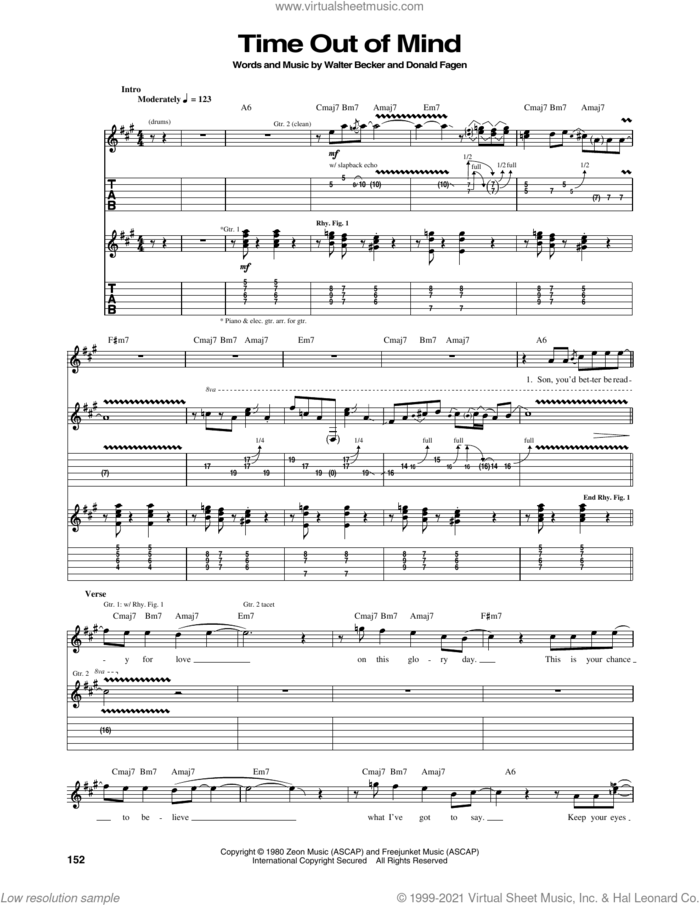 Time Out Of Mind sheet music for guitar (tablature) by Steely Dan, Donald Fagen and Walter Becker, intermediate skill level