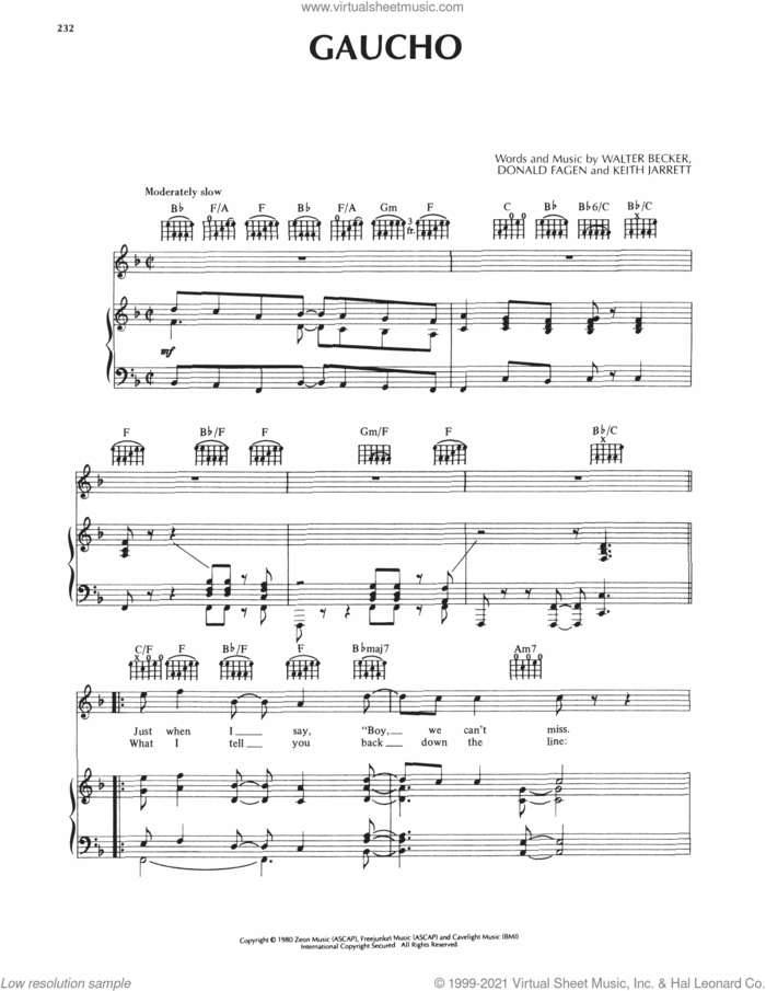 Gaucho sheet music for voice, piano or guitar by Steely Dan, Donald Fagen, Keith Jarrett and Walter Becker, intermediate skill level