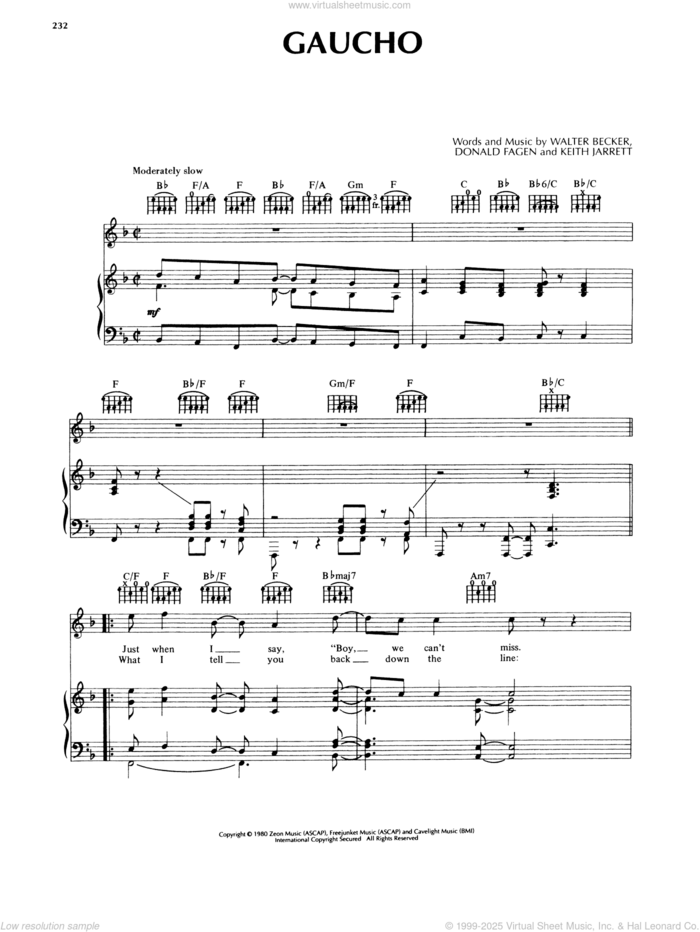 Gaucho sheet music for voice, piano or guitar by Steely Dan, Donald Fagen, Keith Jarrett and Walter Becker, intermediate skill level