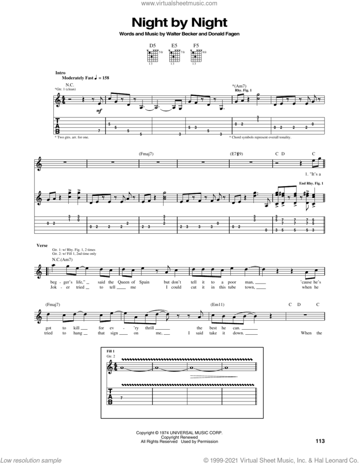Night By Night sheet music for guitar (tablature) by Steely Dan, Donald Fagen and Walter Becker, intermediate skill level